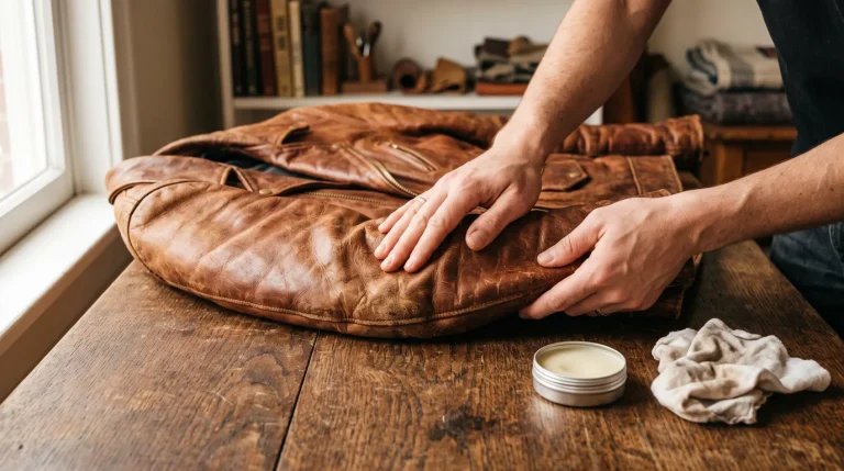 Assouplir le cuir d’une veste rigide en le travaillant à la main avec un baume