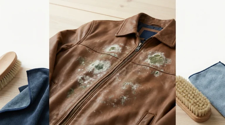 Cuir moisi : blouson en cuir marron couvert de taches de moisissure blanche
