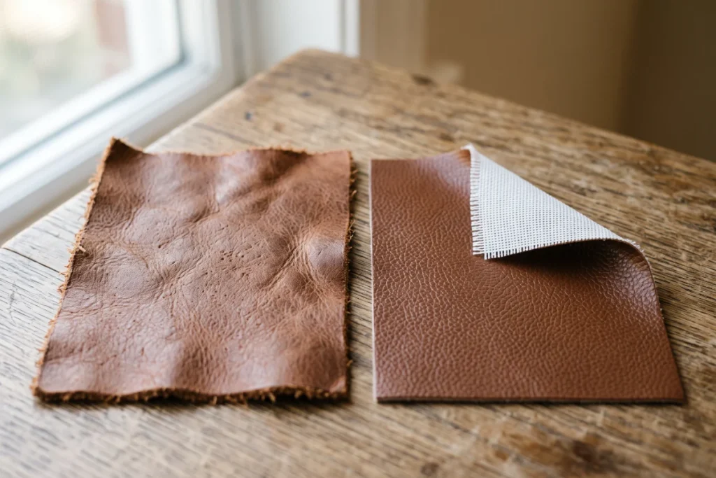 Échantillons de cuir véritable et de cuir PU côte à côte, envers textile visible