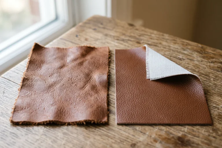 Échantillons de cuir véritable et de cuir PU côte à côte, envers textile visible