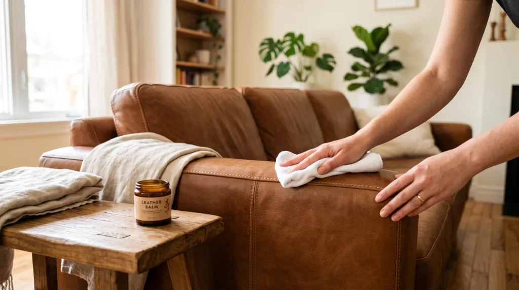 Entretien canapé cuir : nettoyage d’un canapé en cuir cognac avec un chiffon microfibre