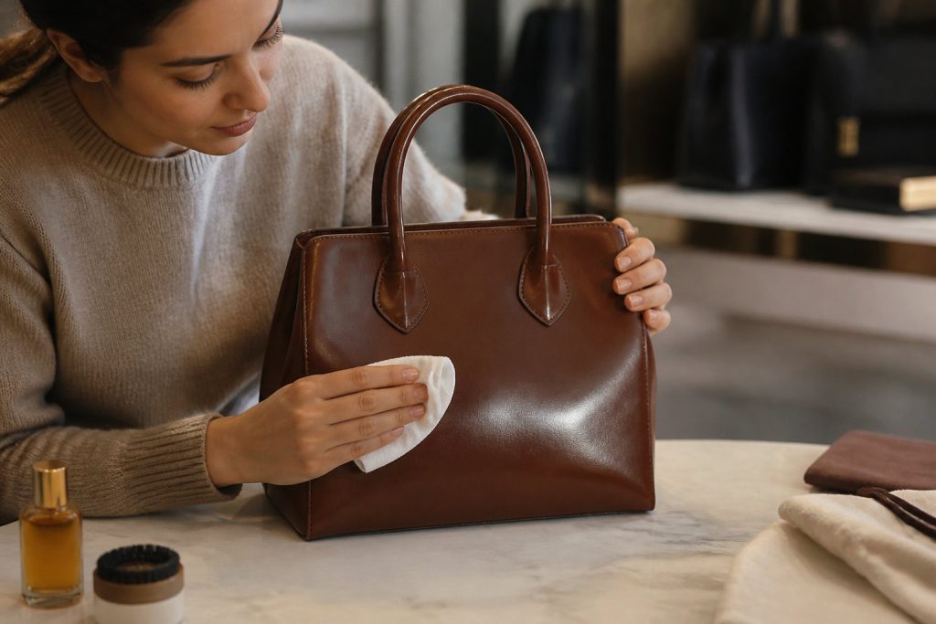 Nettoyage d'un sac à main en cuir avec un chiffon doux