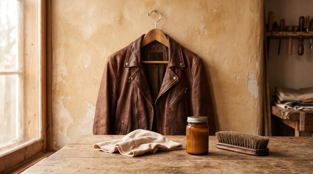 Nettoyer une veste en cuir avec un lait nettoyant et une brosse douce