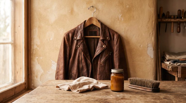 Nettoyer une veste en cuir avec un lait nettoyant et une brosse douce