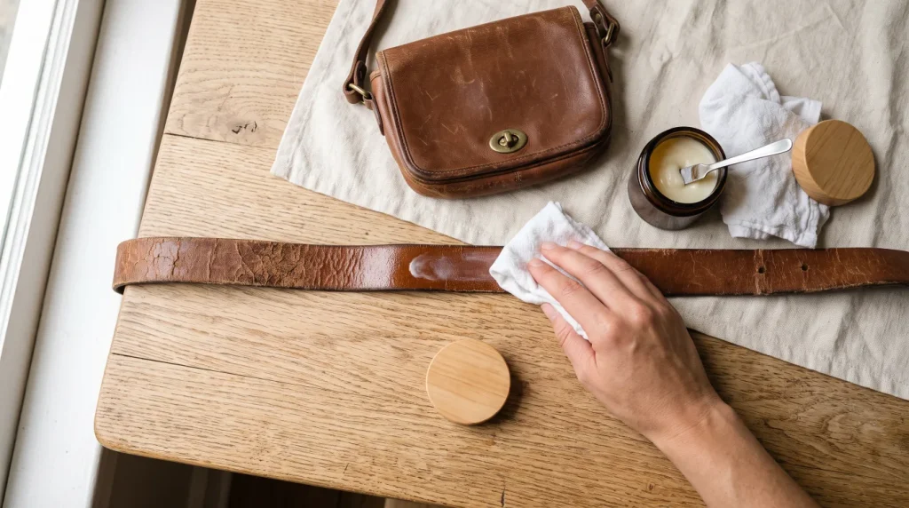 Assouplir le cuir sec d’une ceinture et d’un sac avec un baume nourrissant
