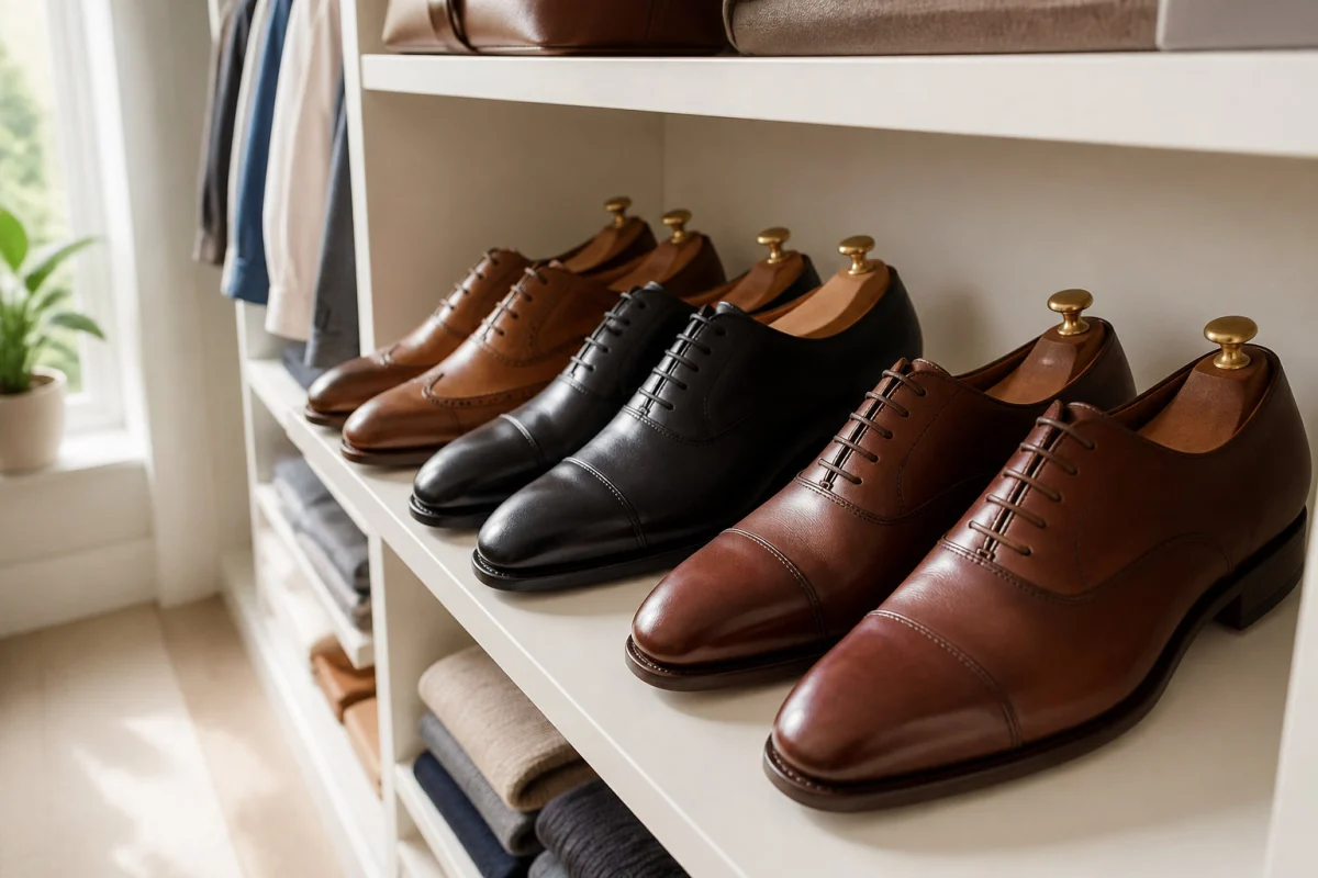 Chaussures en cuir rangées avec des embauchoirs en bois