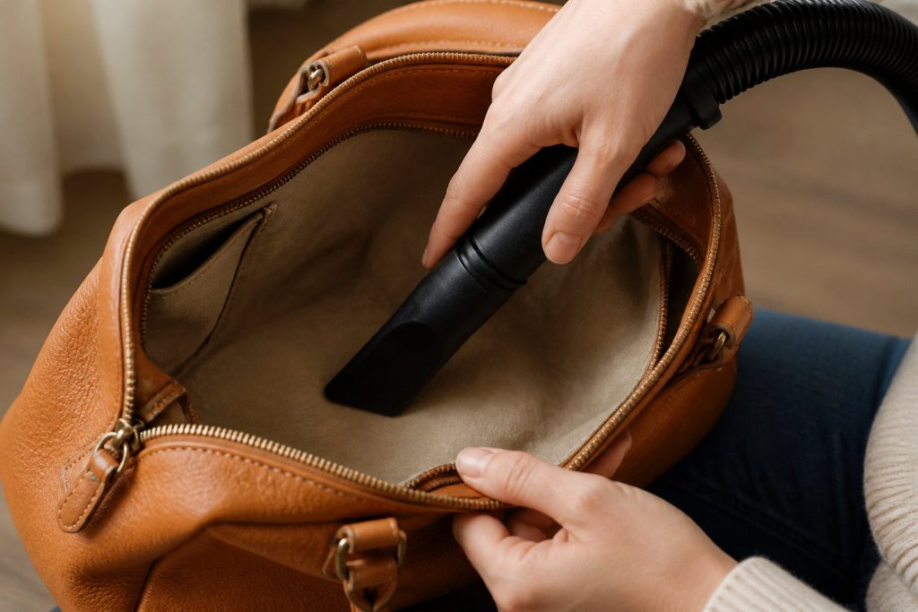 Aspirer l'intérieur d'un sac à main en cuir marron