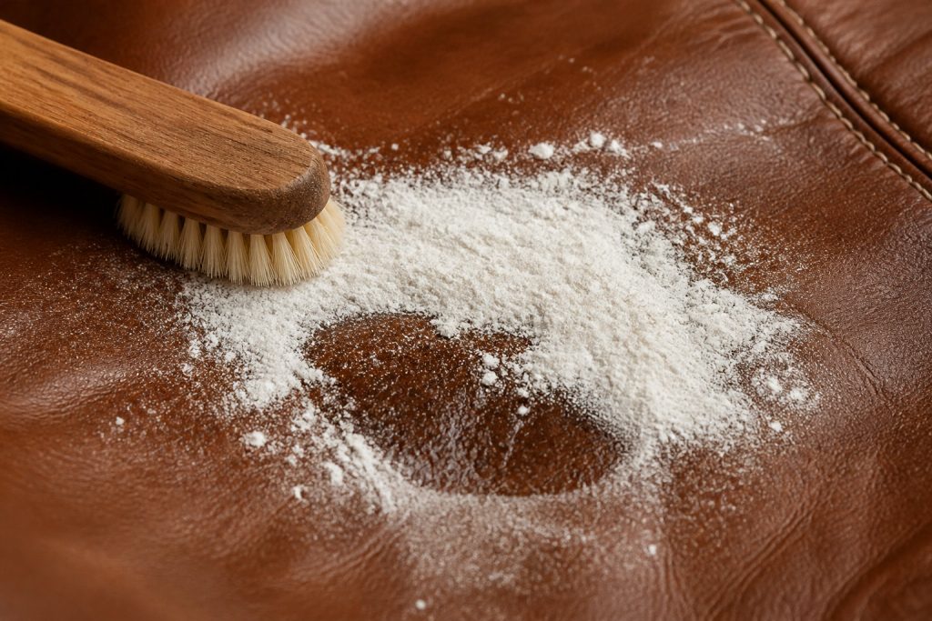 Terre de Sommières appliquée sur une tache de gras sur du cuir